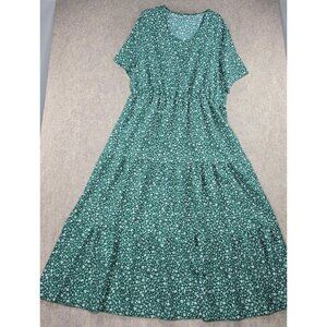 Green Floral V-Neck Maxi Dress Short Sleeves Lightweight Tiered Polyester Design